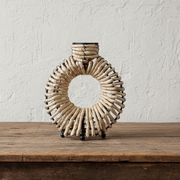 Hand-Finished Other - Vintage Wrought Iron Rattan Wrapped Donut Vase Boho Southwestern Candle Holder